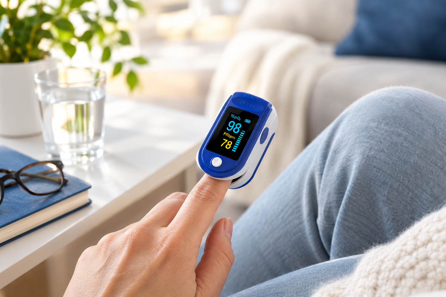 Οξύμετρο δακτύλου OxyVital σε χρήση στον δείκτη, με φωτεινή οθόνη LED που δείχνει την ένδειξη SpO2
